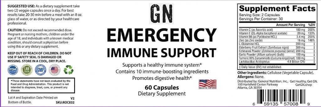 Supplement label for GN Emergency Immune Support with text and logos on a white background