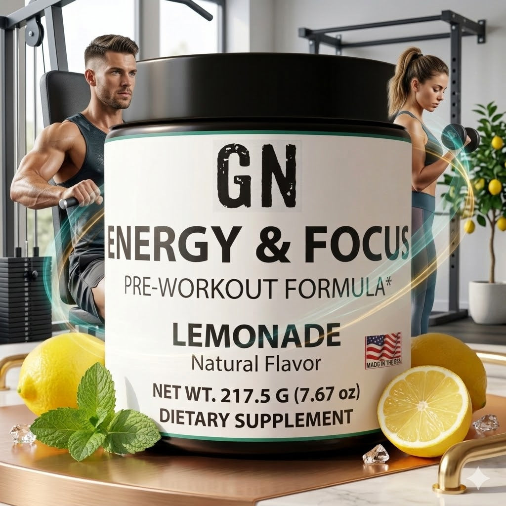 Pre-workout supplement container labeled 'GN Energy & Focus' with lemons and mint leaves on a kitchen counter.