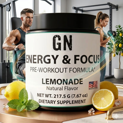 Pre-workout supplement container labeled 'GN Energy & Focus' with lemons and mint leaves on a kitchen counter.