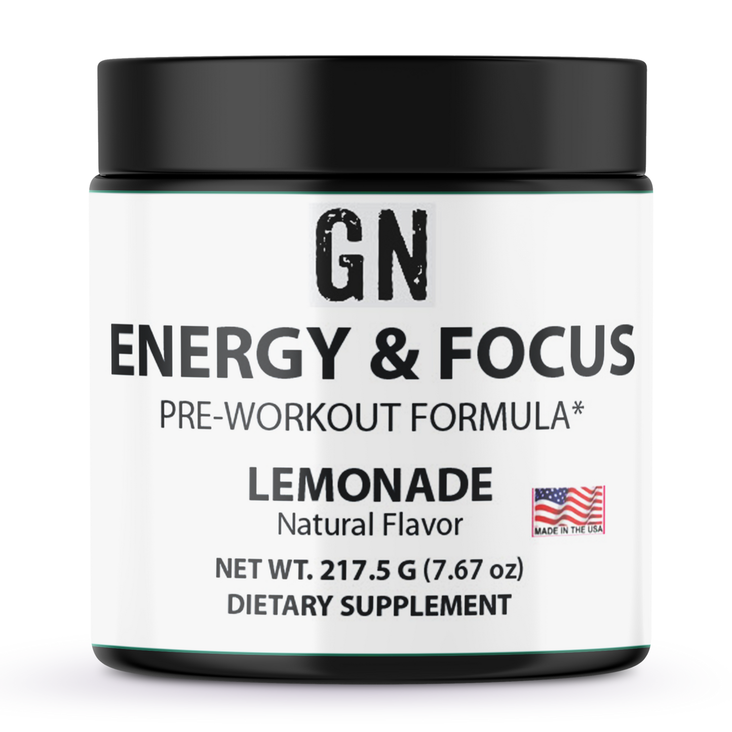 Pre-workout supplement container labeled 'GN Energy & Focus' with lemonade flavor on a white background