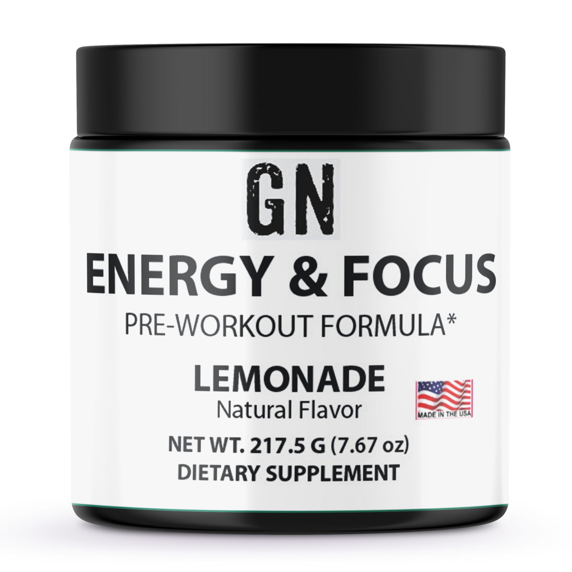 Pre-workout supplement container labeled 'GN Energy & Focus' with lemonade flavor on a white background