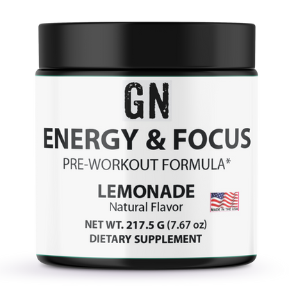 Pre-workout supplement container labeled 'GN Energy & Focus' with lemonade flavor on a white background