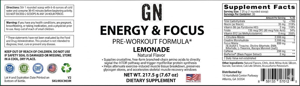 Supplement label for 'GN Energy & Focus Pre-Workout Formula' in lemonade flavor with Skratch Labs branding.