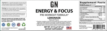 Supplement label for 'GN Energy & Focus Pre-Workout Formula' in lemonade flavor with Skratch Labs branding.