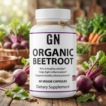 Supplement bottle labeled 'GN Organic Beetroot' with beetroot vegetables in the background.