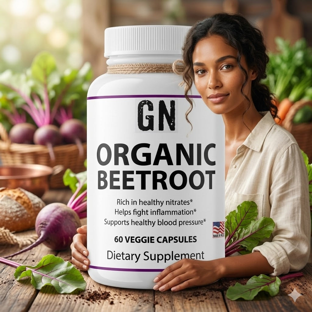 Woman holding a GN Organic Beetroot supplement bottle with vegetables in the background