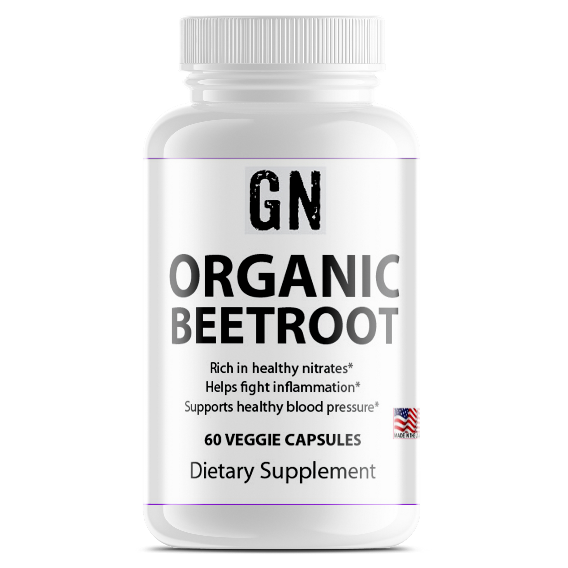 Supplement bottle labeled 'GN Organic Beetroot' on a white background
