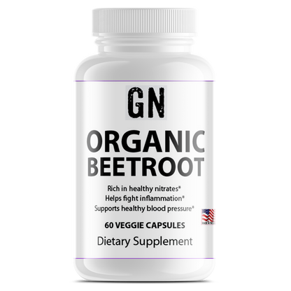 Supplement bottle labeled 'GN Organic Beetroot' on a white background