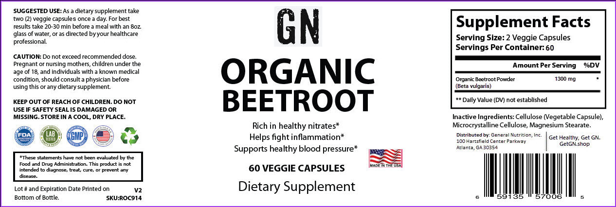 Supplement Label for Organic BeetRoot Capsules