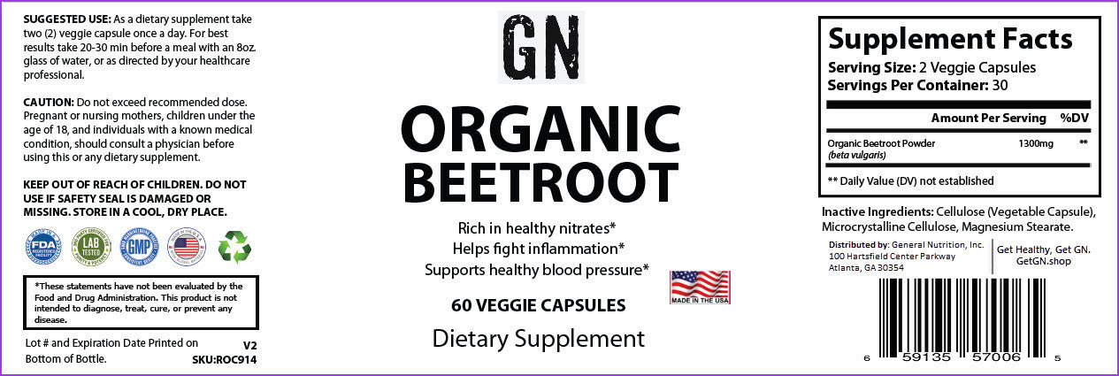 Supplement label for GN Organic Beetroot dietary supplement on a white background
