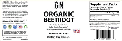 Supplement label for GN Organic Beetroot dietary supplement on a white background