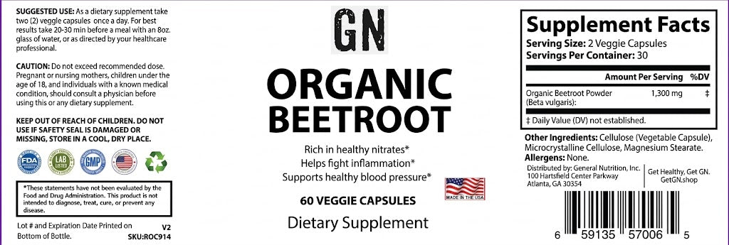 Supplement label for Organic Beetroot capsules with text and logos.