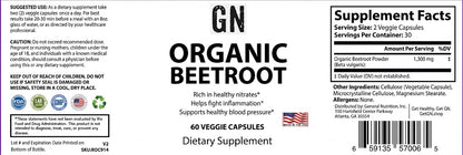 Supplement label for Organic Beetroot capsules with text and logos.