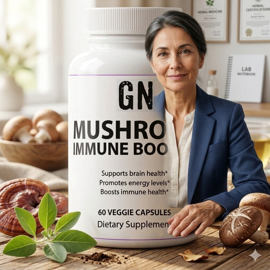 Woman standing behind a supplement bottle labeled 'GN Mushro Immune Boo' with mushrooms and plants on a table.