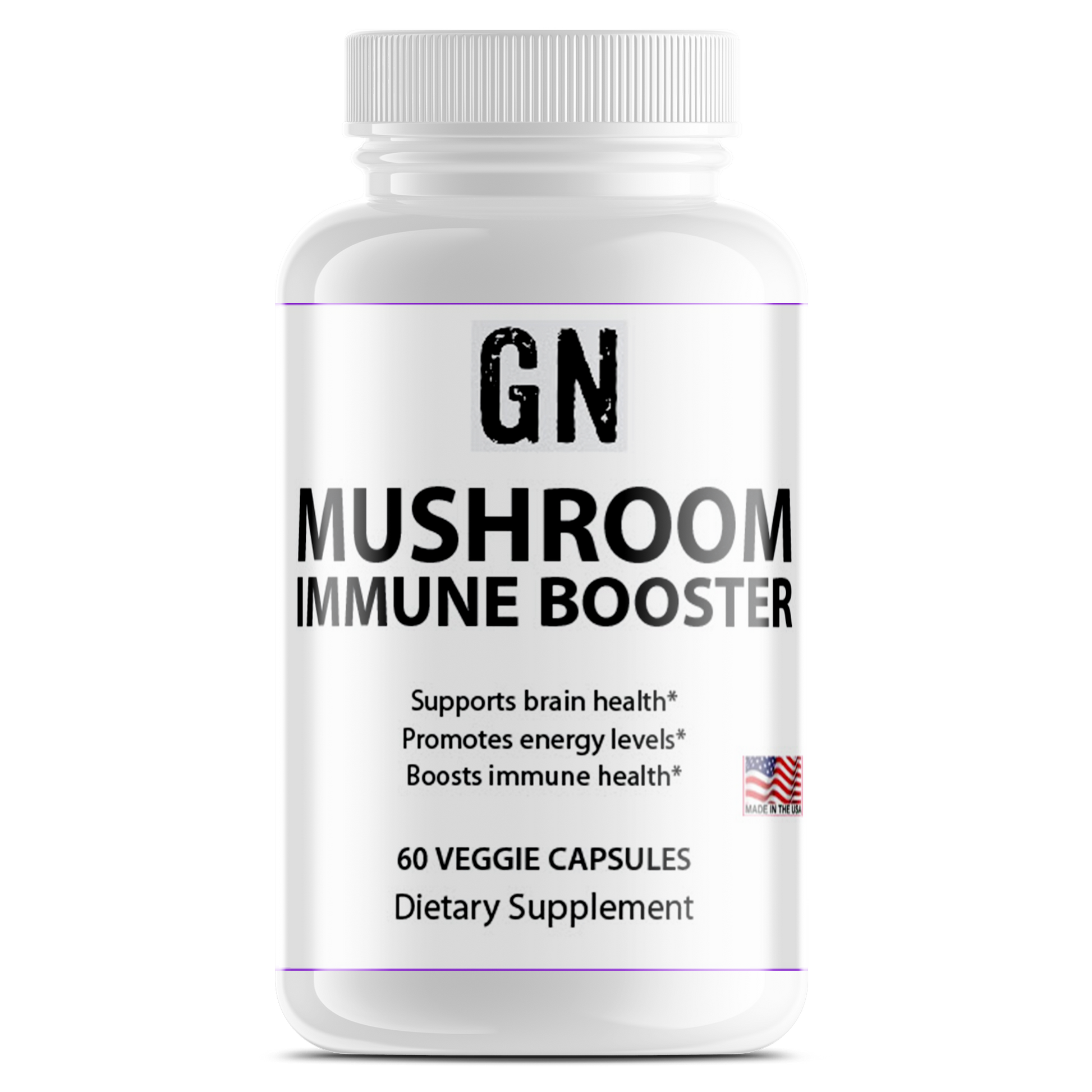 Supplement bottle labeled 'GN Mushroom Immune Booster' on a white background
