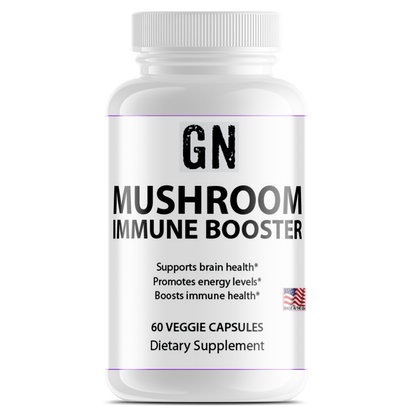 Supplement bottle labeled 'GN Mushroom Immune Booster' on a white background