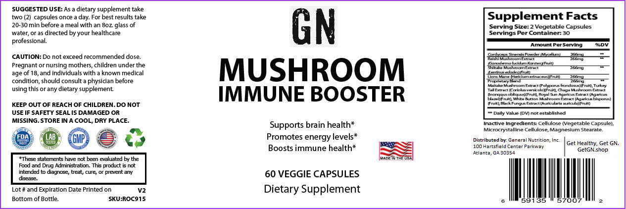 Supplement label for 'GN Mushroom Immune Booster' with text and graphics on a purple background.