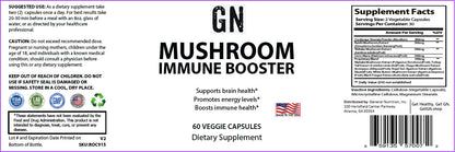Supplement label for 'GN Mushroom Immune Booster' with text and graphics on a purple background.