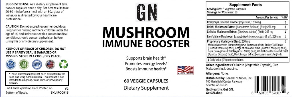 Label of a mushroom immune booster supplement with text and graphics.
