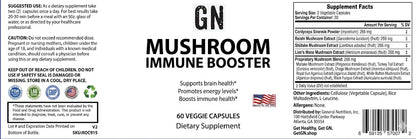 Label of a mushroom immune booster supplement with text and graphics.