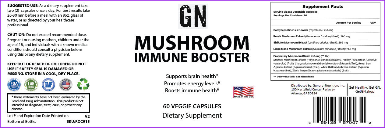Supplement label for GN Mushroom Immune Booster with text and graphics on a white background.