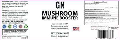 Supplement label for GN Mushroom Immune Booster with text and graphics on a white background.