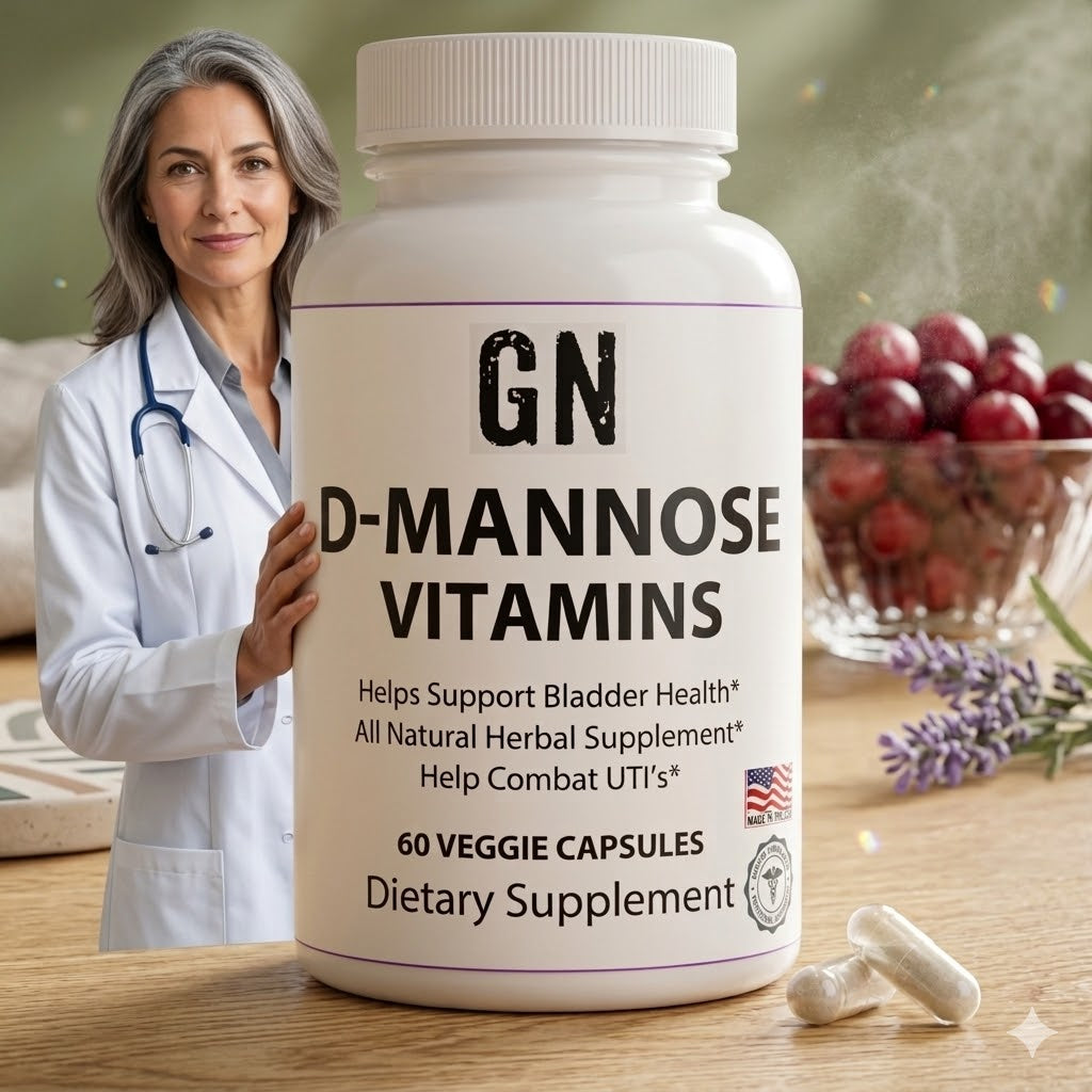 Supplement bottle labeled 'GN D-Mannose Vitamins' held by a person in a white coat, with grapes and lavender in the background.