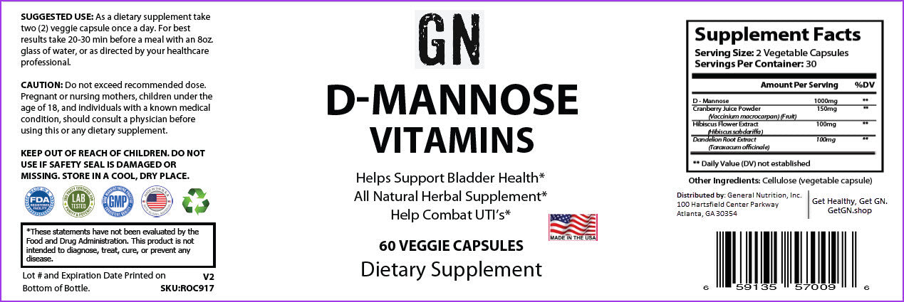 Supplement label for D-Mannose Vitamins with supplement facts and usage instructions.