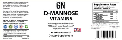 Supplement label for D-Mannose Vitamins with supplement facts and usage instructions.