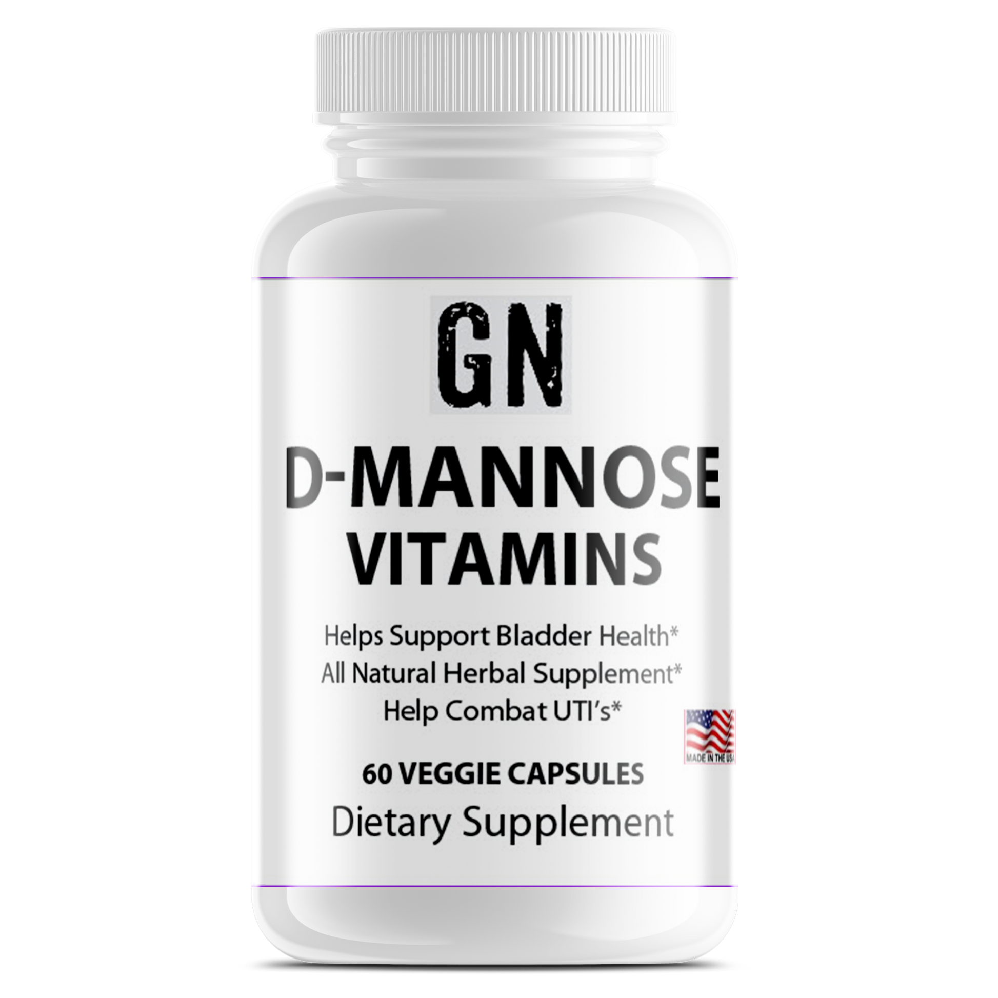Supplement bottle labeled 'D-Mannose Vitamins' on a white background