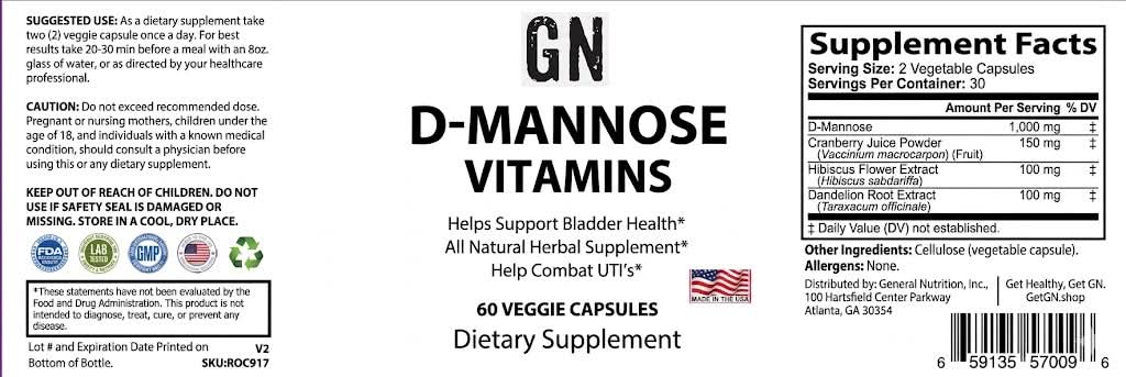 Supplement label for D-Mannose Vitamins with supplement facts and ingredients listed.