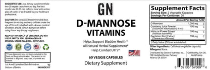 Supplement label for D-Mannose Vitamins with supplement facts and ingredients listed.