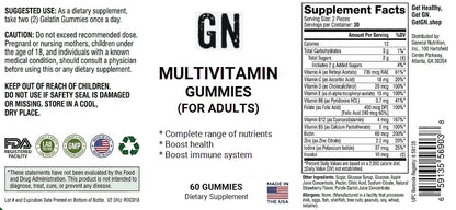Multivitamin gummies label with supplement facts and FDA logos.