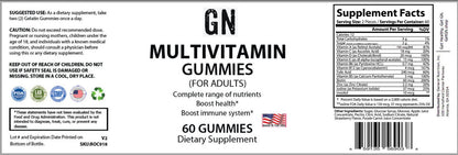 Supplement label for GN Multivitamin Gummies for adults with supplement facts and icons.