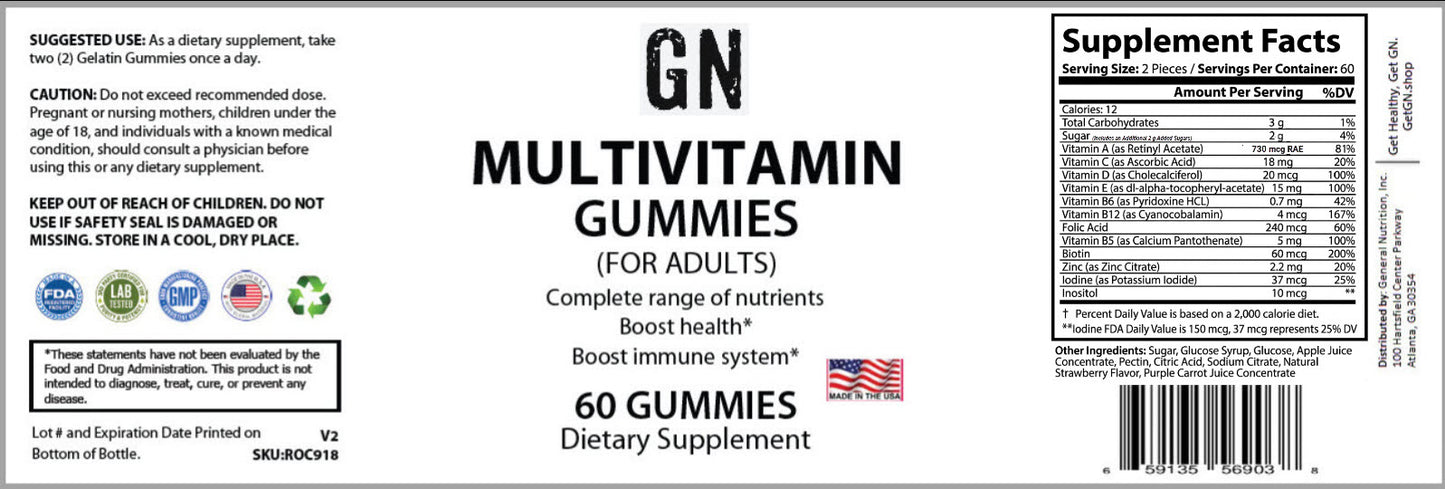 Supplement label for GN Multivitamin Gummies for adults with supplement facts and icons.