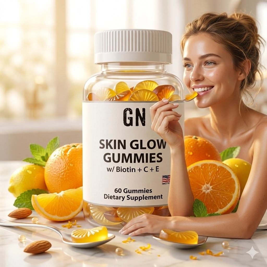 Woman holding a bottle of 'Skin Glow Gummies' with oranges and lemons on a table.