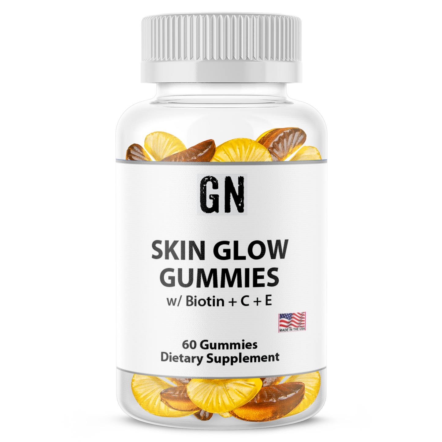 Bottle of Skin Glow Gummies with visible ingredients on a white background