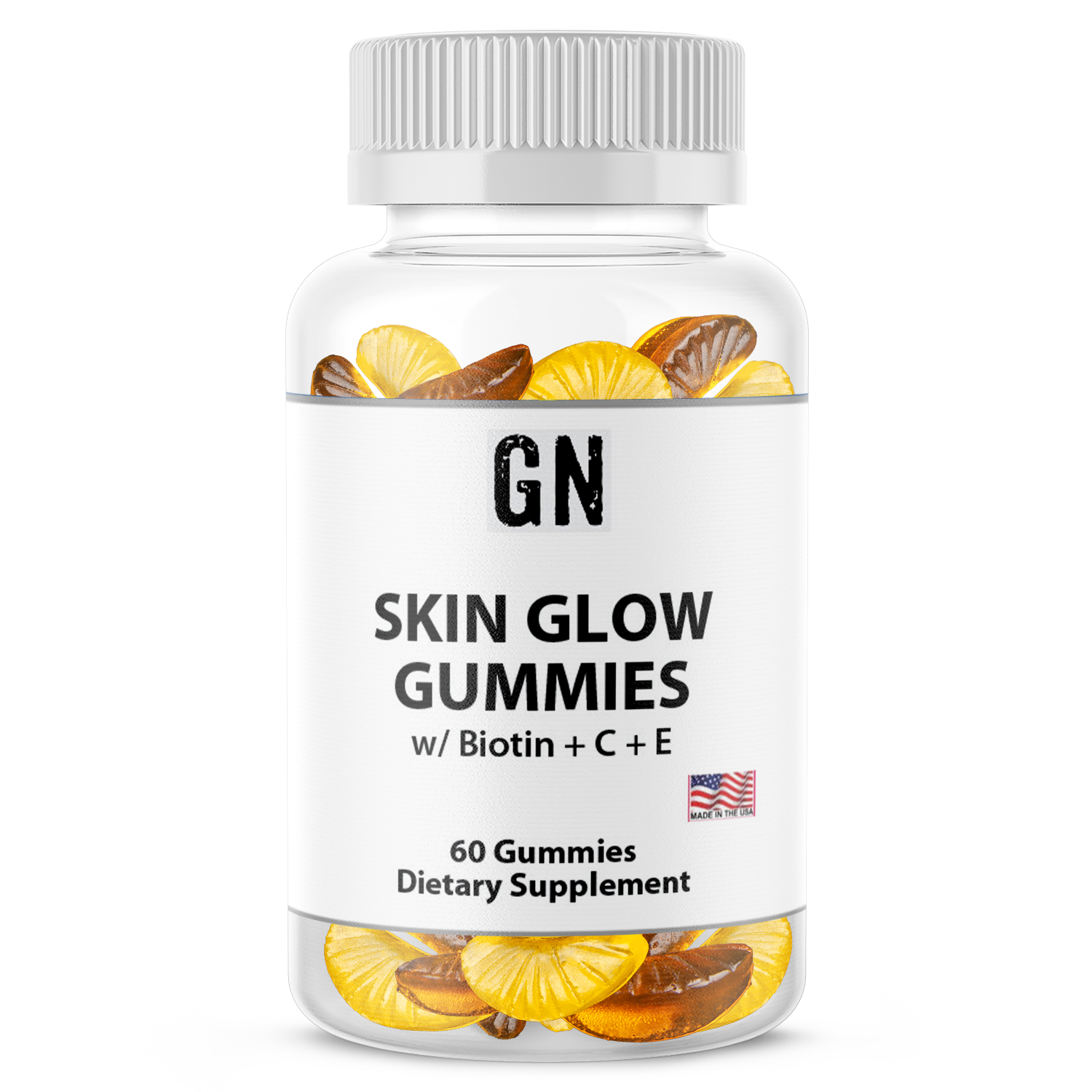 Bottle of Skin Glow Gummies with visible ingredients on a white background
