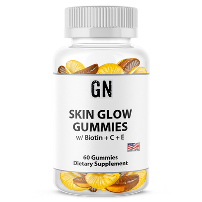 Bottle of Skin Glow Gummies with visible ingredients on a white background
