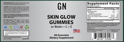 Supplement label for Skin Glow Gummies with Biotin, C, and E on a gray background.