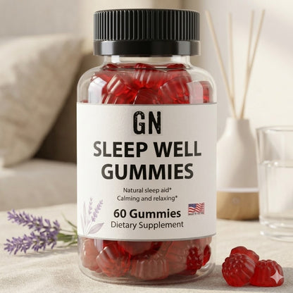 Bottle of GN Sleep Well Gummies with a white label on a neutral background