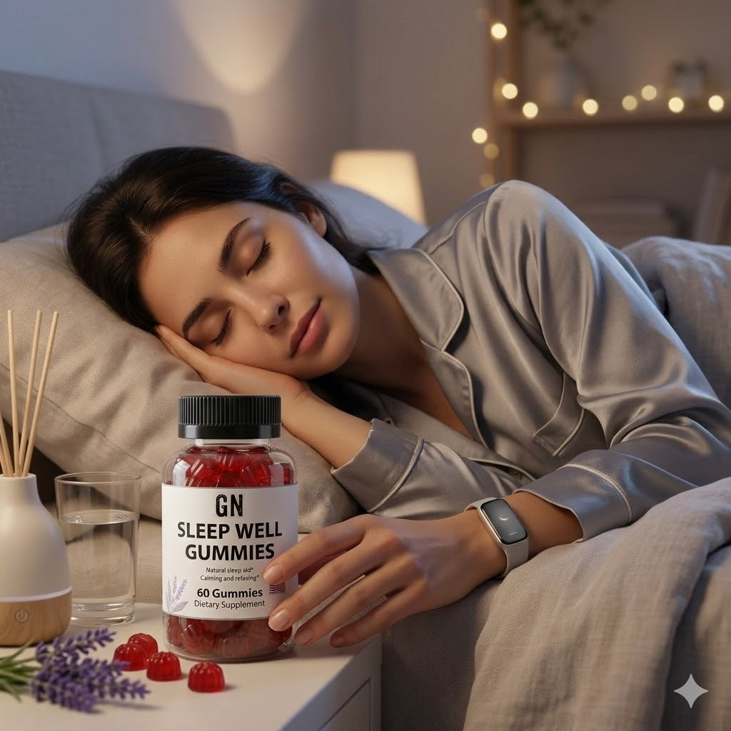 Woman lying in bed with a bottle of GN Sleep Well Gummies on a nightstand.