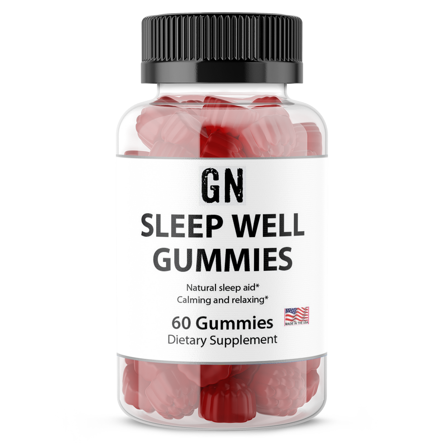 Bottle of GN Sleep Well Gummies with a white label on a white background