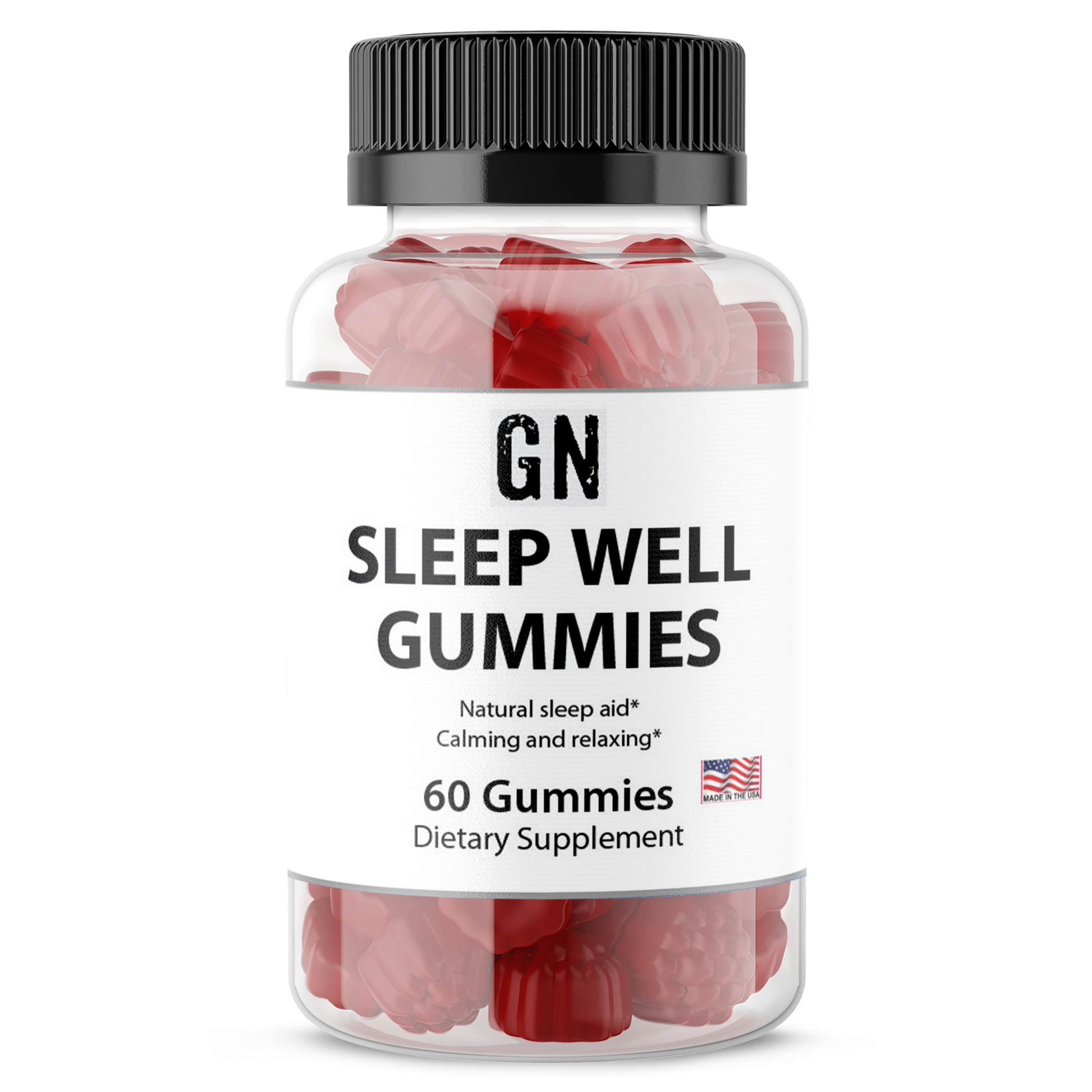 Bottle of GN Sleep Well Gummies with a white label on a white background
