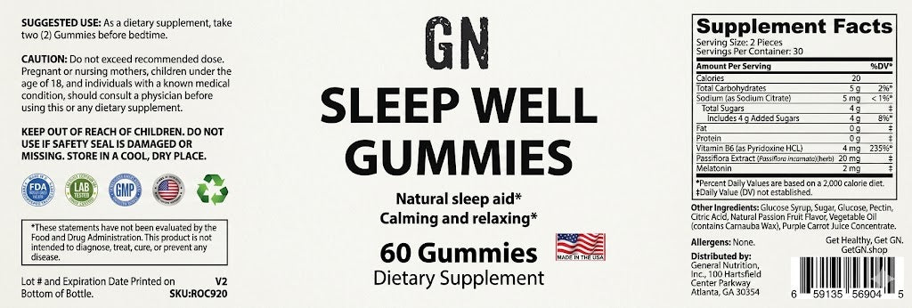 Supplement label for GN Sleep Well Gummies with text and graphics.