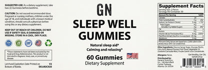 Supplement label for GN Sleep Well Gummies with text and graphics.