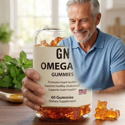 Man holding a jar of GN Omega Gummies with a blurred background