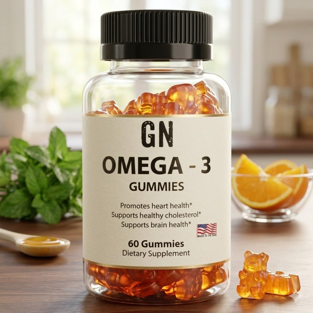 Bottle of GN Omega-3 Gummies with a label on a wooden surface.