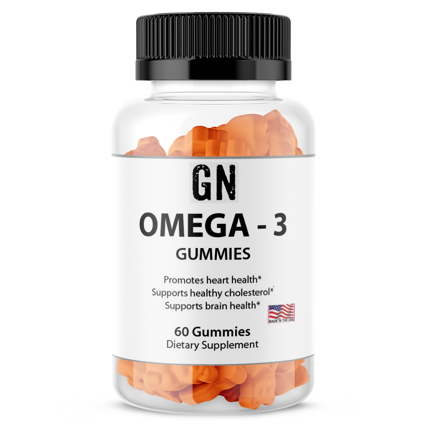 Bottle of GN Omega-3 Gummies on a white background