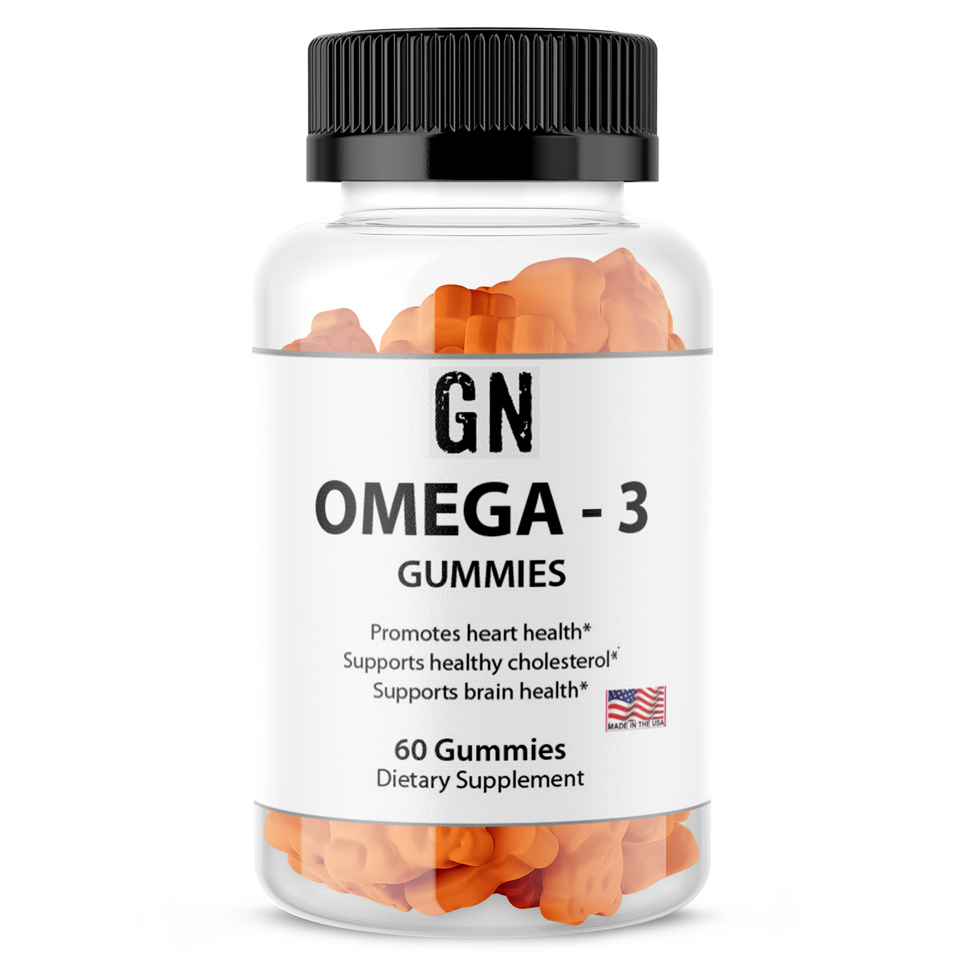 Bottle of GN Omega-3 Gummies on a white background